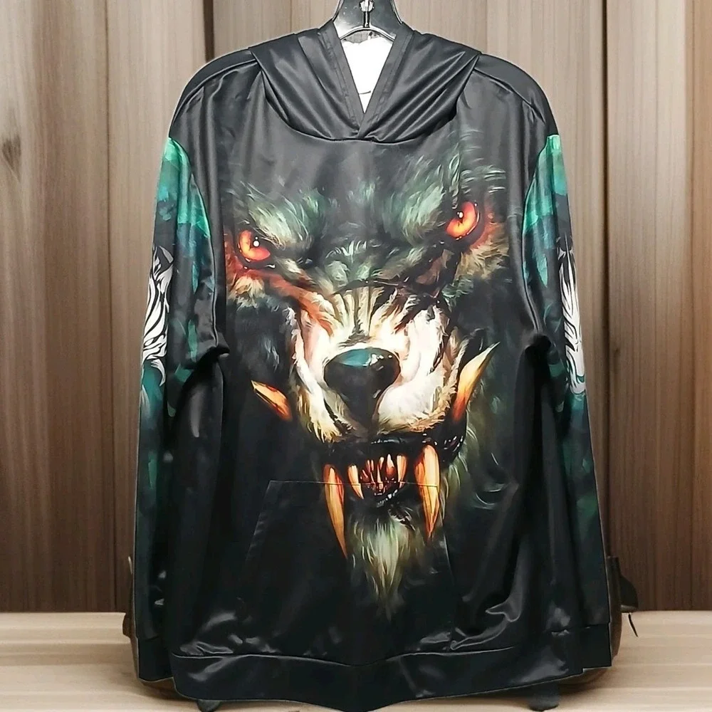 Angry Wolf 3D All‎ Over Print Hooded Pullover Longsleeve Shirt 1XL